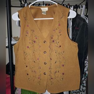 Embroidered Suede-Look Button Front Vest With Embroidered Flowers- Beaded Accent